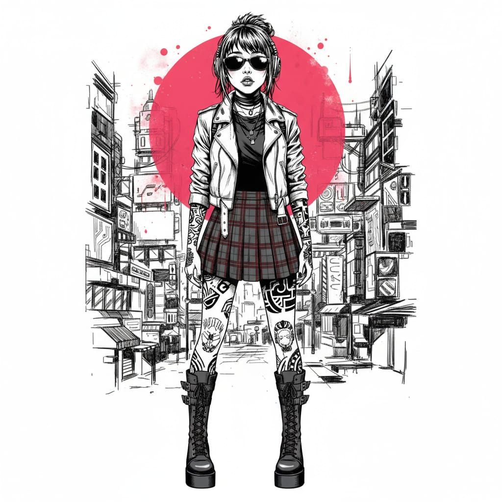 Cyberpunk Girl with Tattoos in Plaid Skirt and Boots