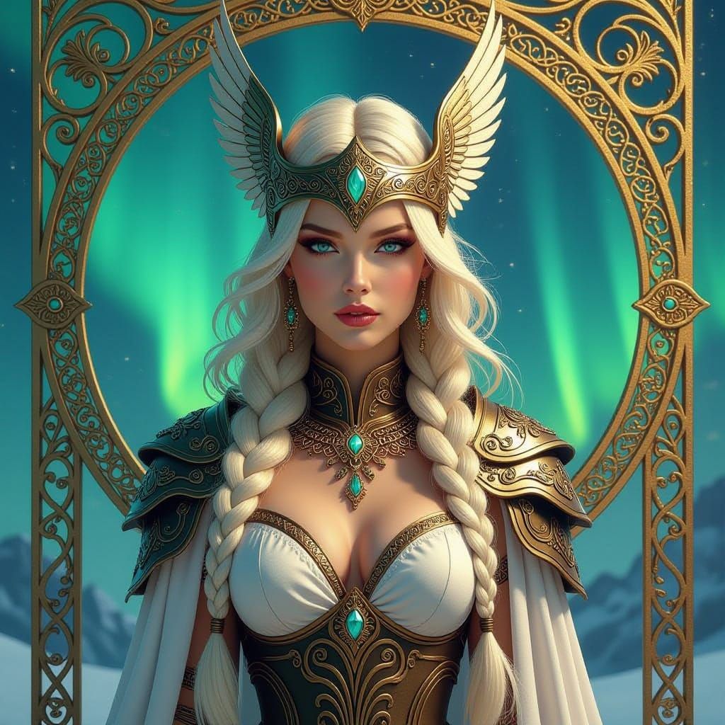 Valkyrie Under Aurora Borealis in Art Nouveau Poster Style