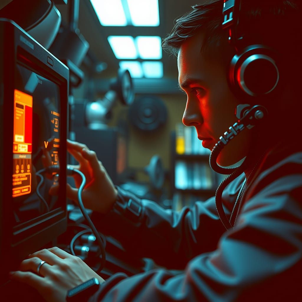 Tense Sci-Fi Scene: Cybernetic Hero Connects to Computer