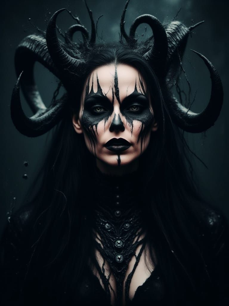 Dark Elegance: Woman with Horns in a Cosmic Background