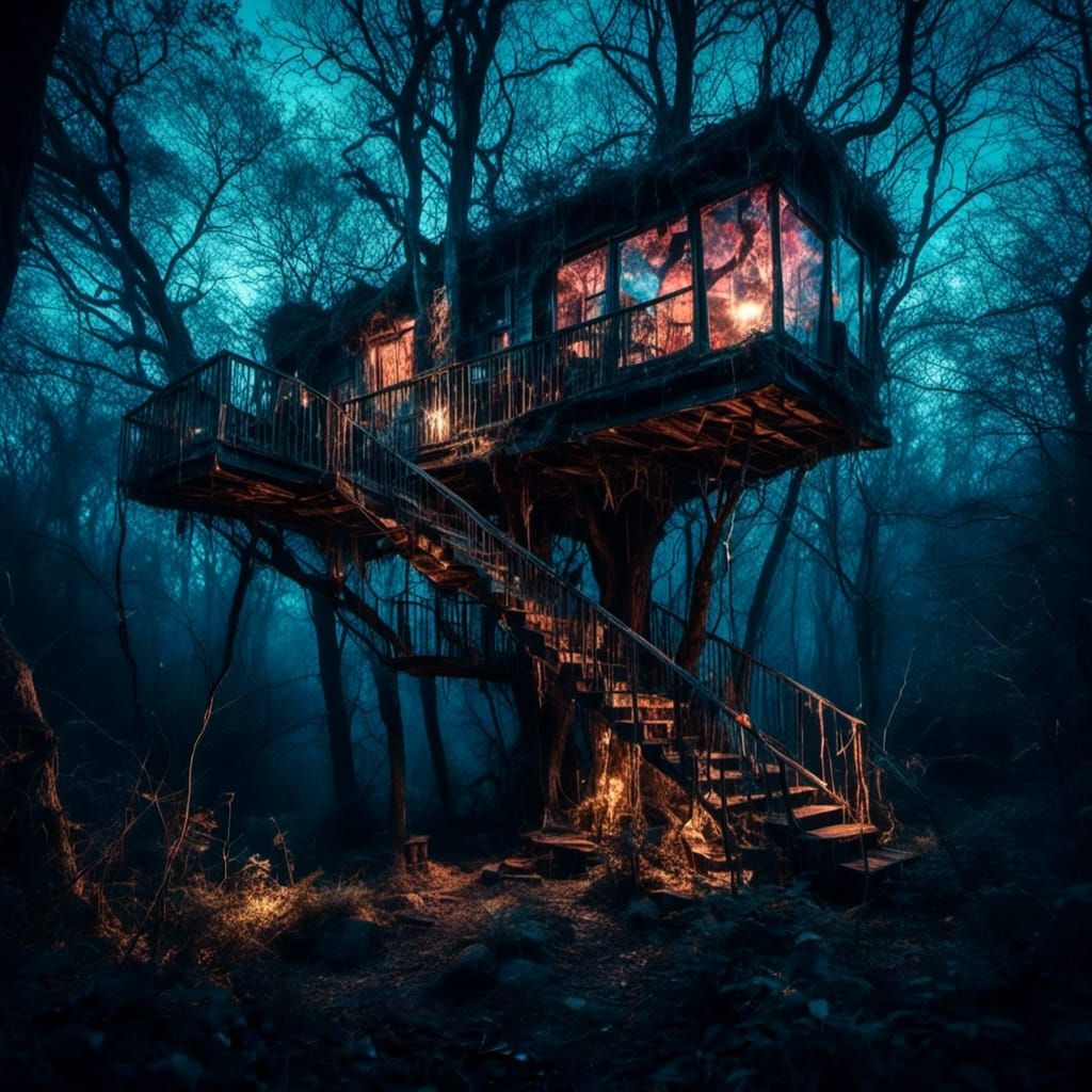 Spectral Treehouse Illuminated by Internal Lights