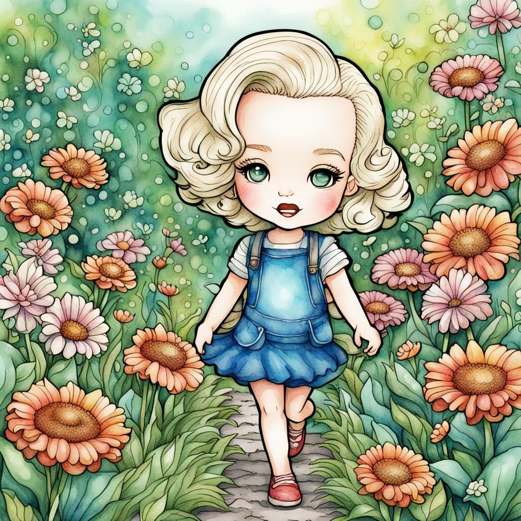 Chibi Marilyn Monroe in Watercolor Flower Garden