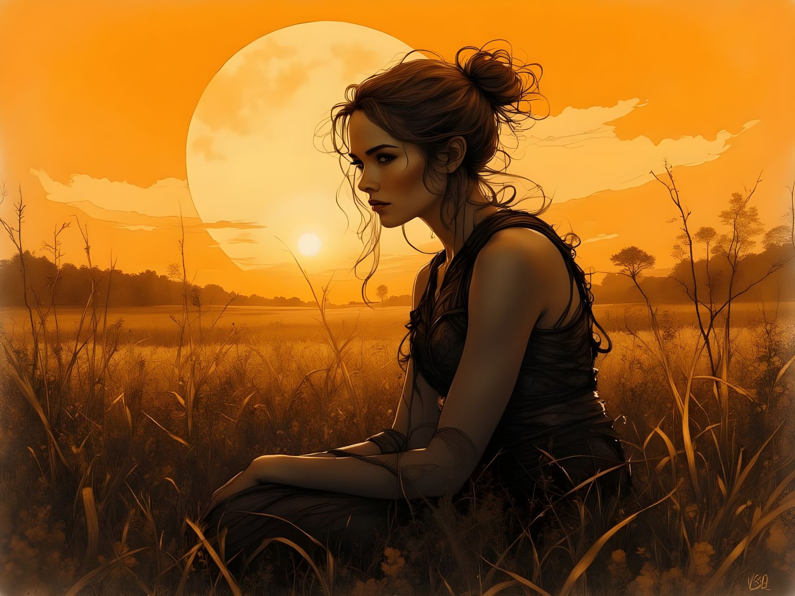 Norse Goddess of Ploughing in Sunset Charcoal Sketch