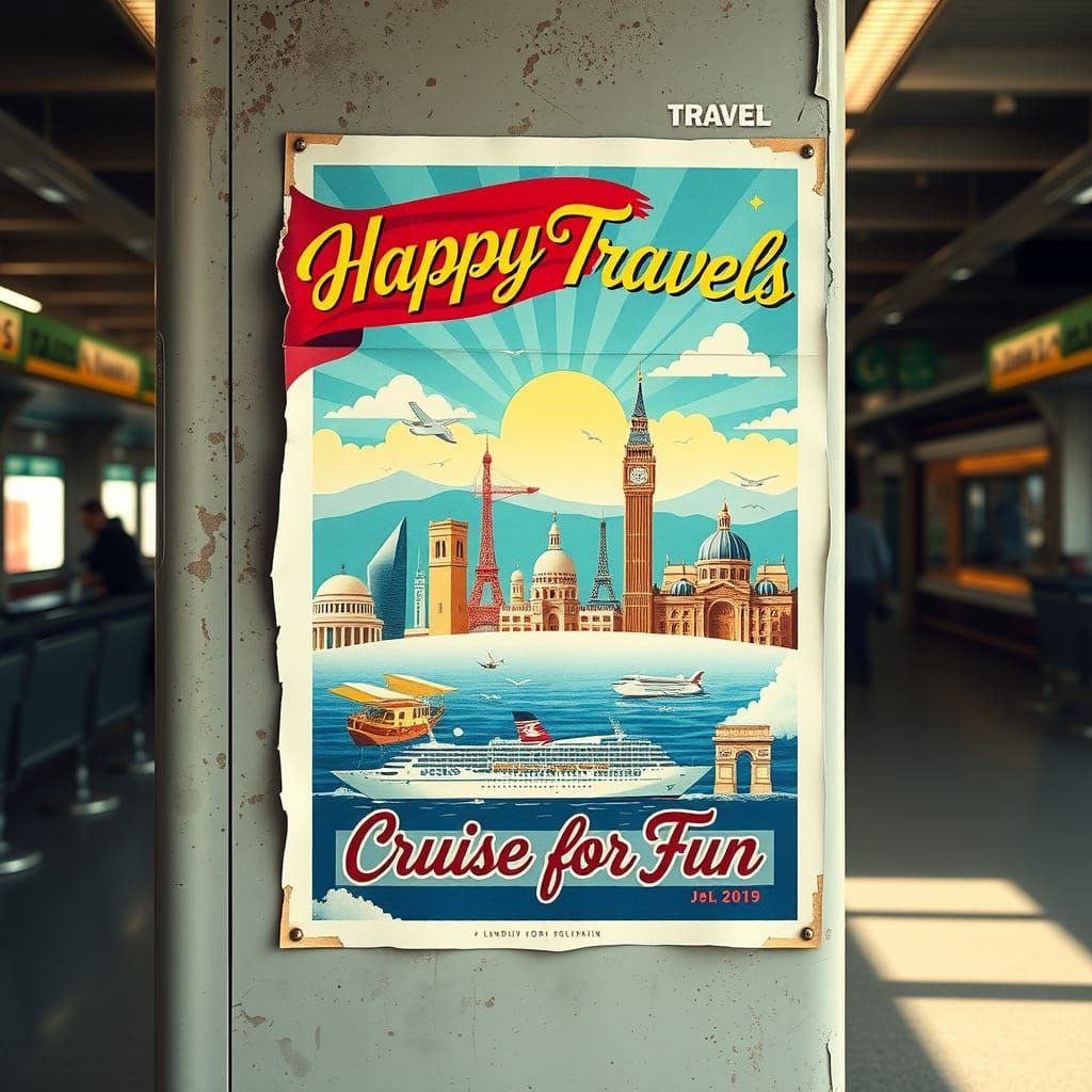 Vintage Travel Poster with World Landmarks