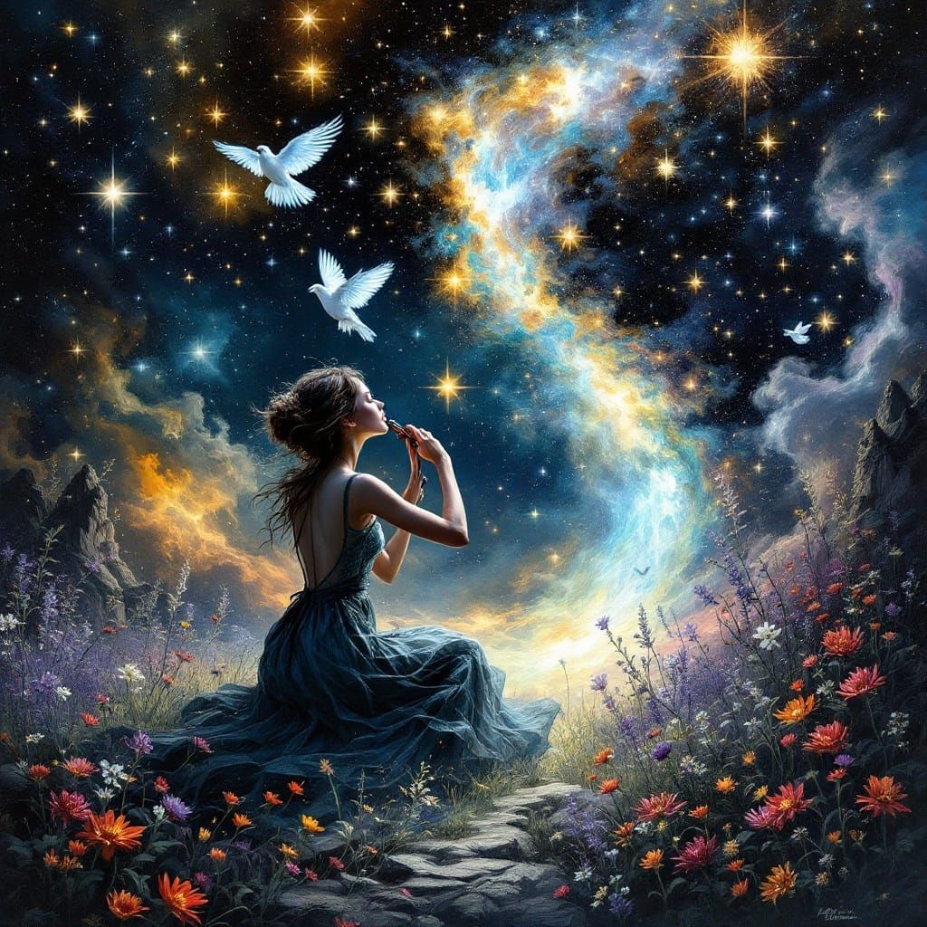 Dreamlike Fairytale Scene of a Woman Playing Cello Under Sta...