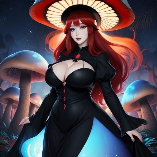 Kawaii Mushroom Woman in Magic Forest at Night