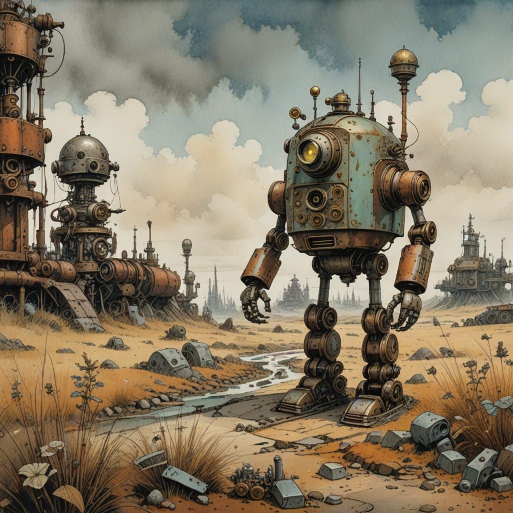 Rustic Steampunk Robot in Muted Watercolour Hues