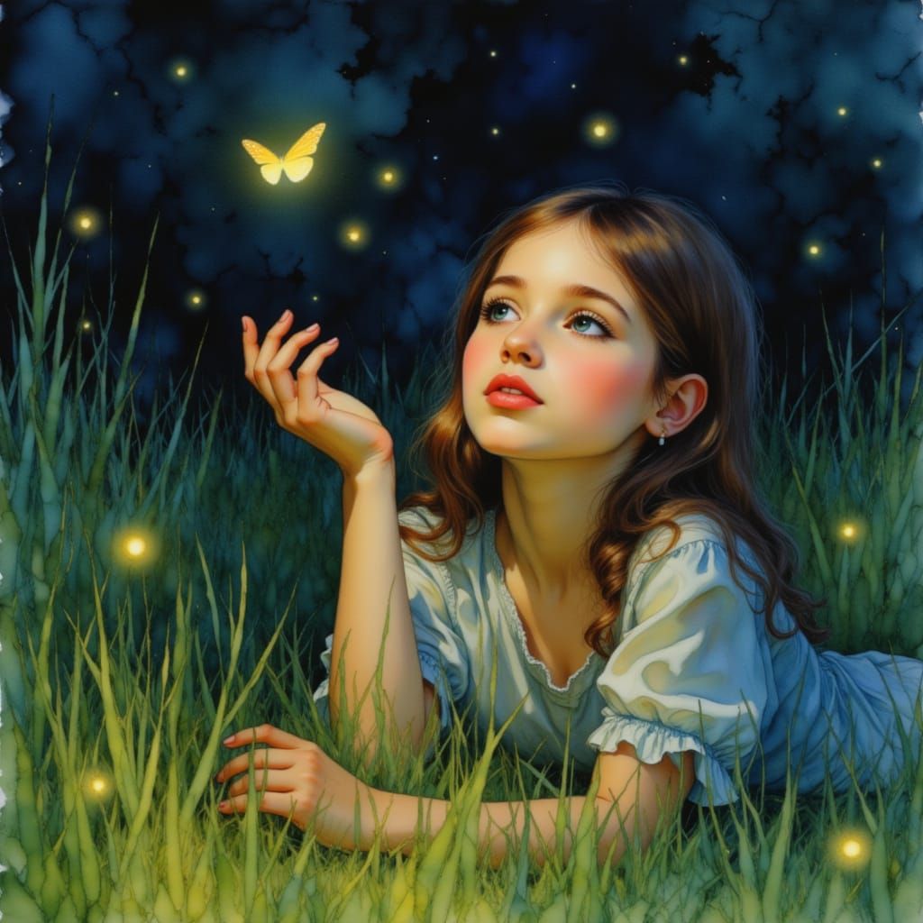 Girl Reaching for Firefly in Magical Night Garden
