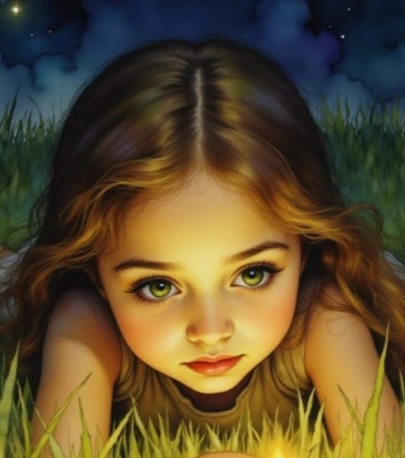 Whimsical Impressionist Girl Reaching for Fireflies at Night
