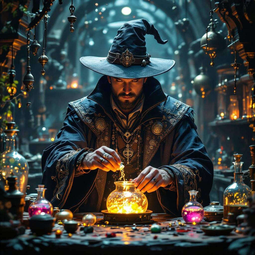 Magician Mixing Potions in Ornate Laboratory