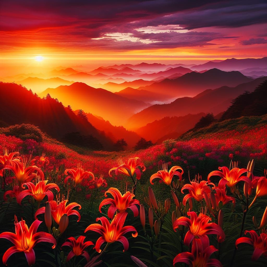 Sunset Over Mountain with Red Lily Flowers
