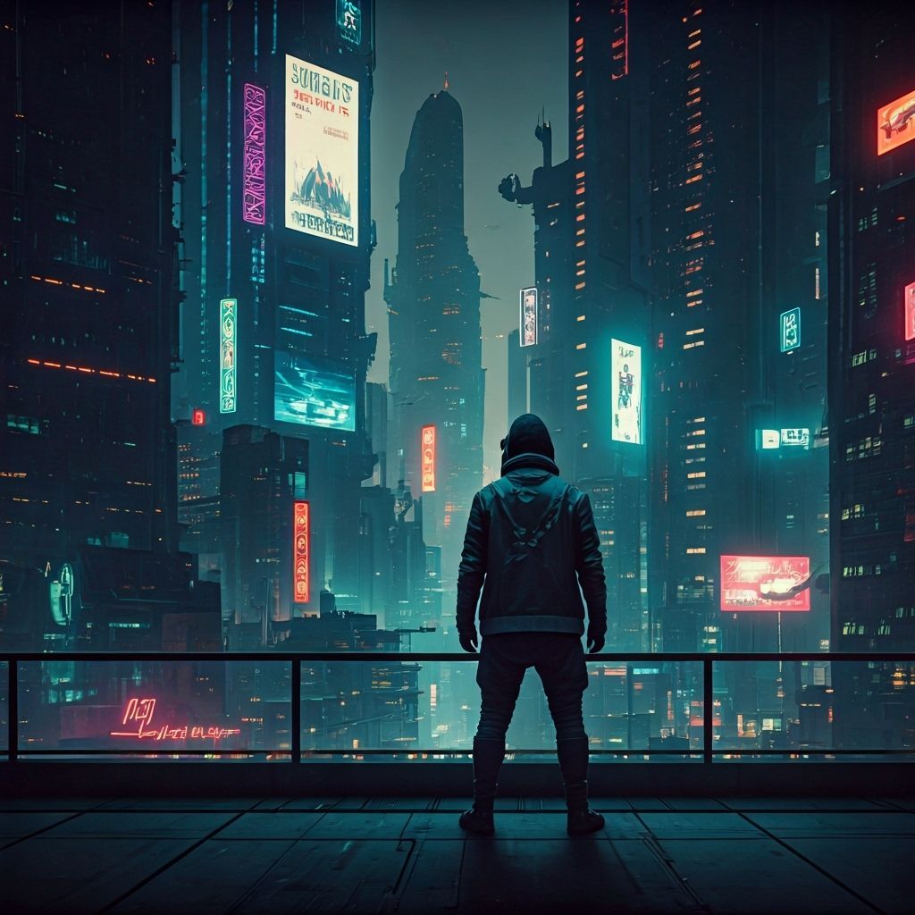 Cyberpunk Hacker Gazes Over Neon Cityscape