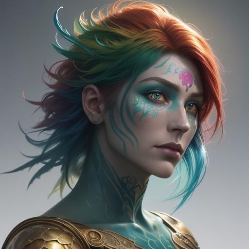 Dragon Woman Portrait with Peacock Feathers and Scales