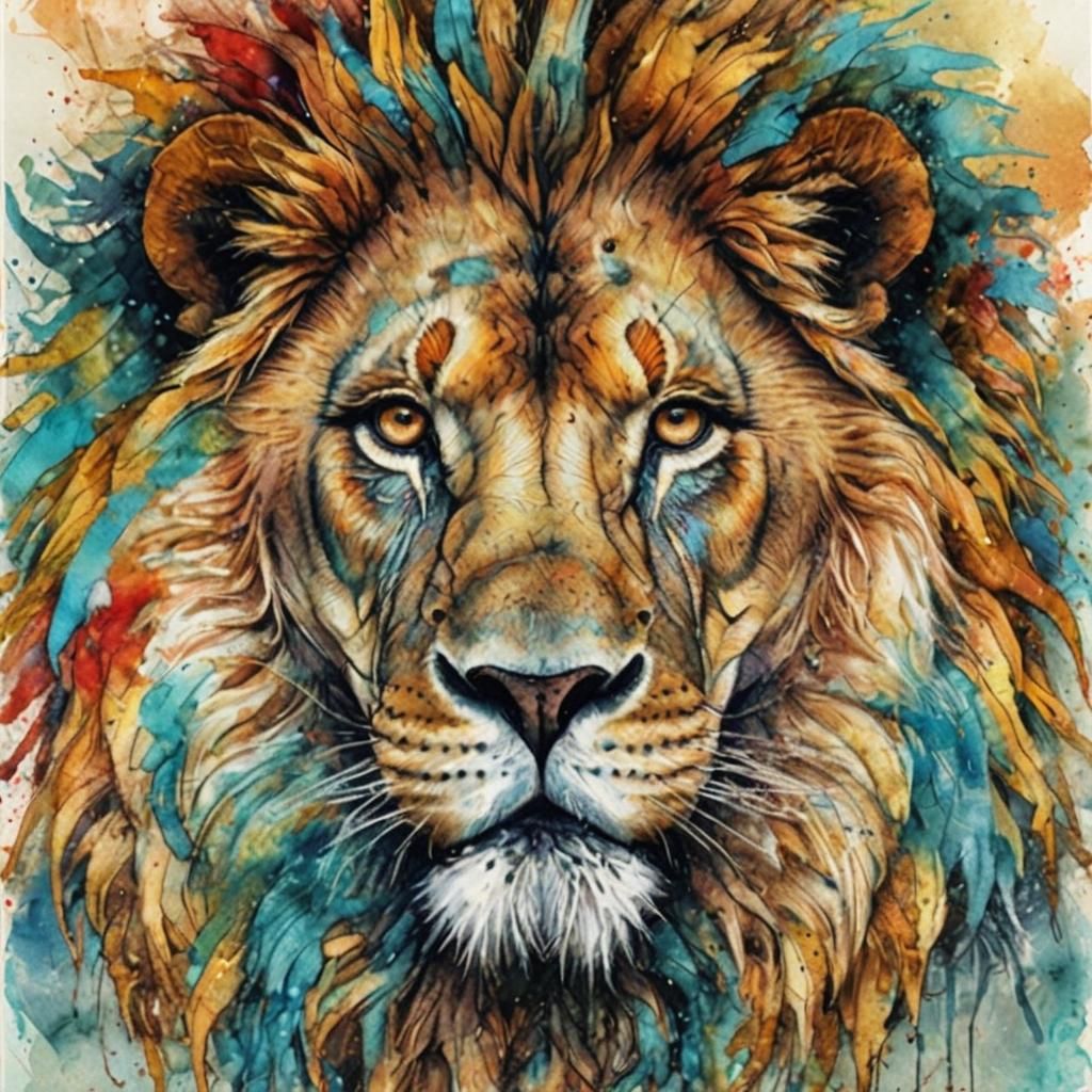 Majestic Lion Head in Watercolor and Ink