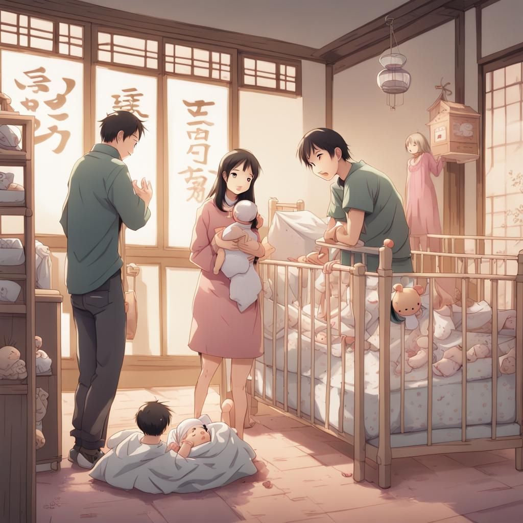 Happy Chinese Family Welcoming Newborn, Anime Style