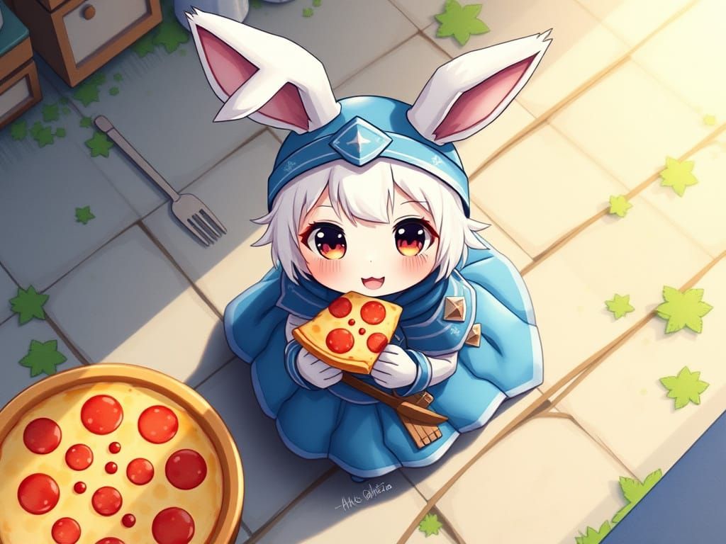 Chibi Rabbit Girl Enjoys Pizza in Isometric Anime Art