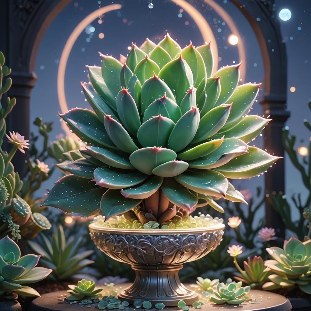 Glowing Succulent in Moonlit Garden: 3D Anime Art