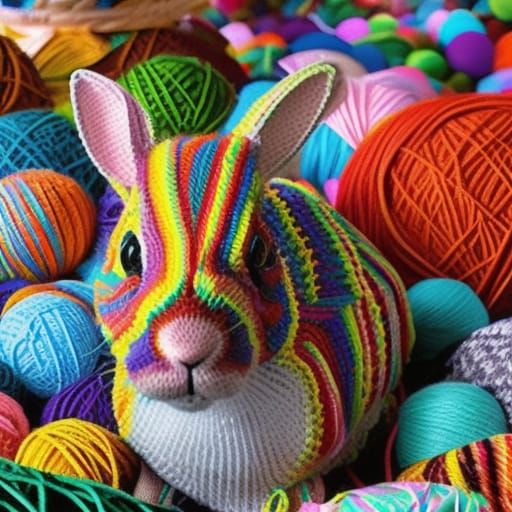 Colorful Crocheted Rabbit in 3D Digital Art