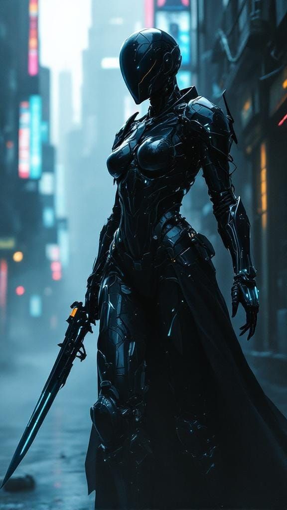 Cyberpunk Enforcer in Dystopian Cityscape