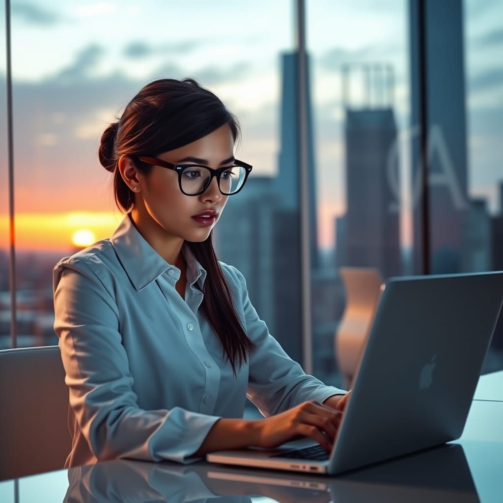 A Hyper-Realistic Woman Trades on Her Laptop in a Modern, Mi...