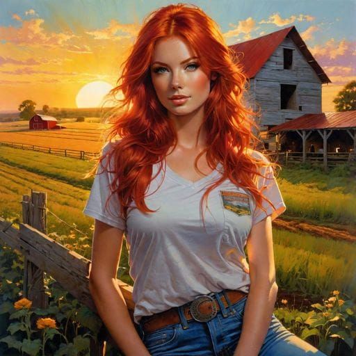Red-Haired Farm Girl Portrait in Pastel Colors