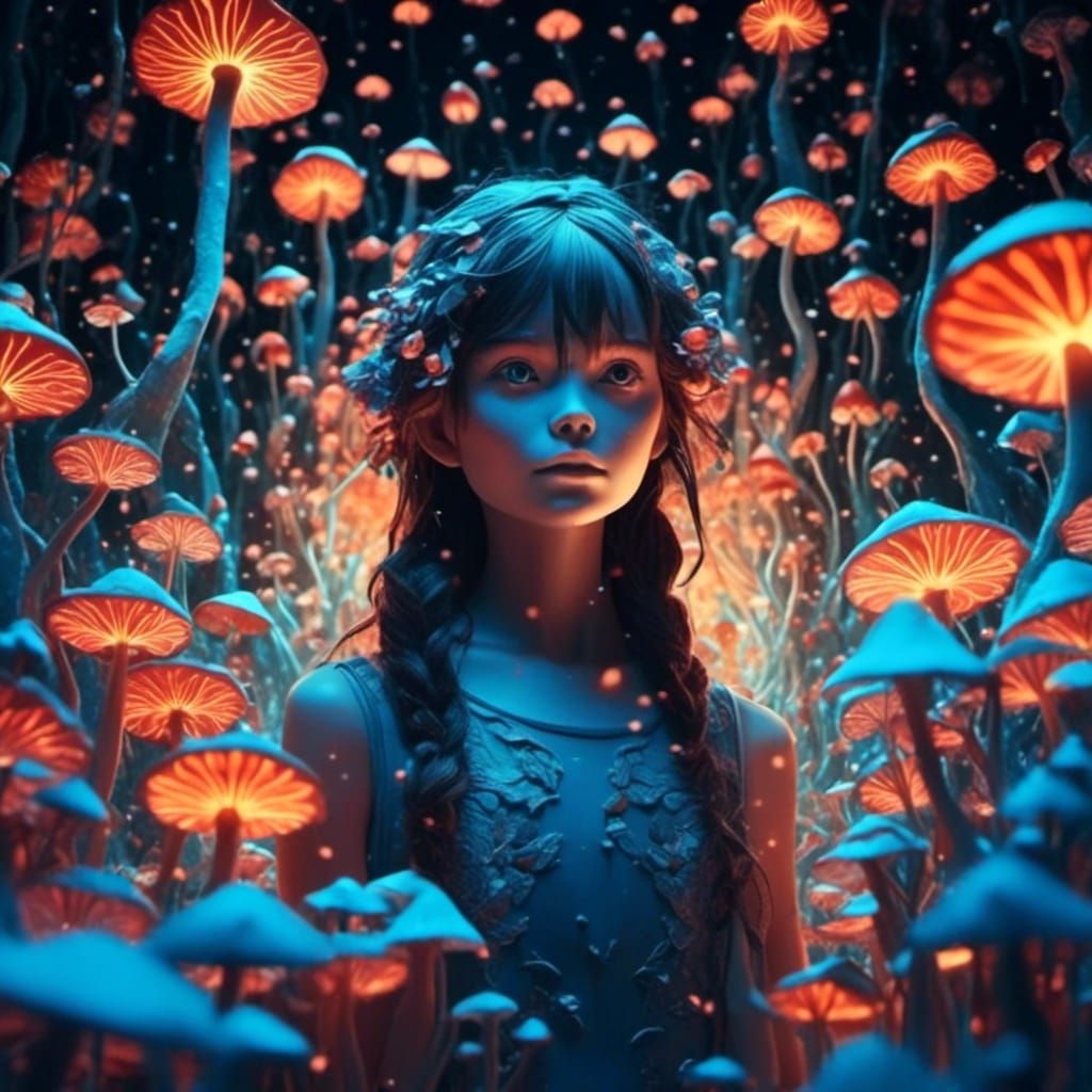 Bioluminescent Girl with Mushrooms and Origami Papercraft