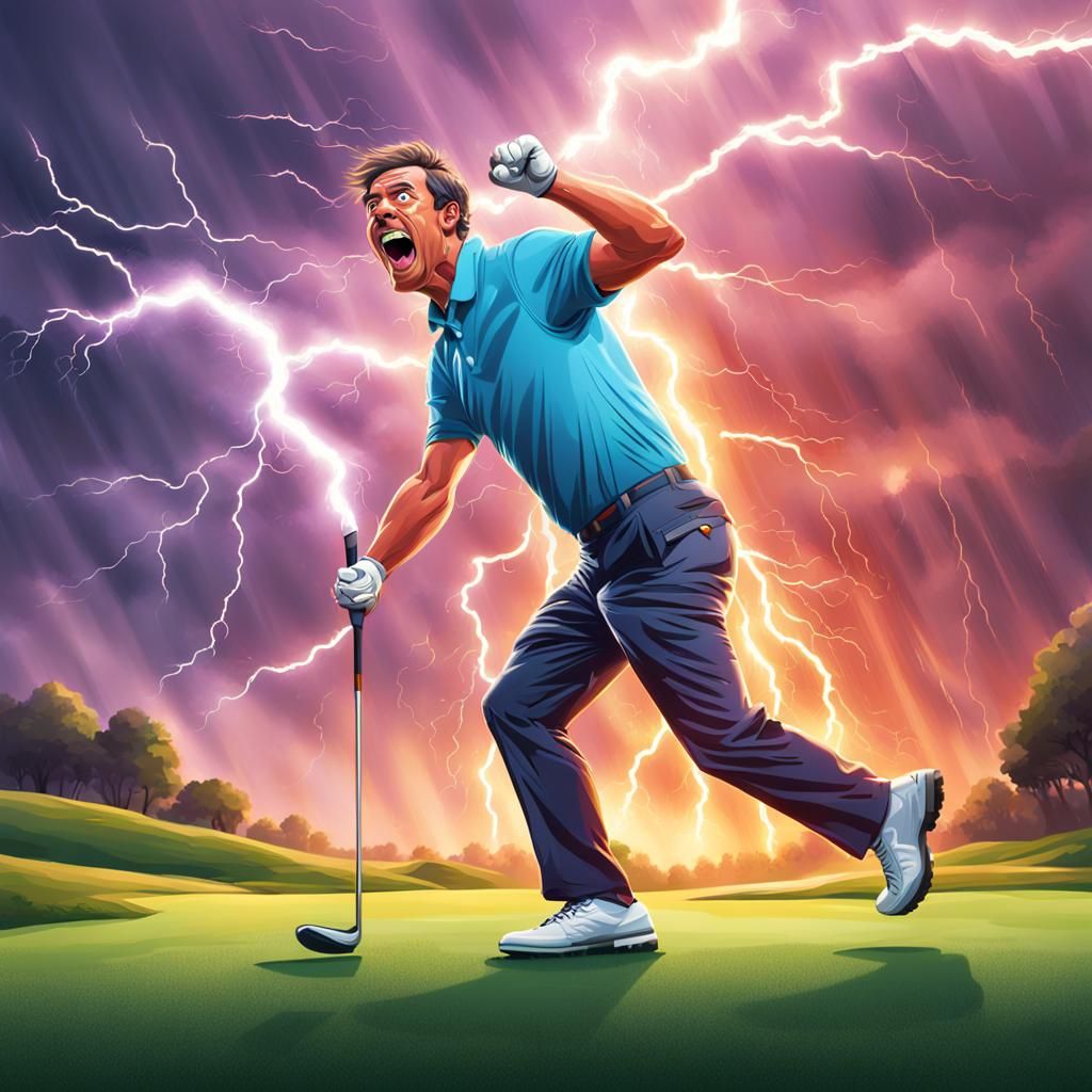 Cartoon Golfer Dodges Lightning Strike on Course
