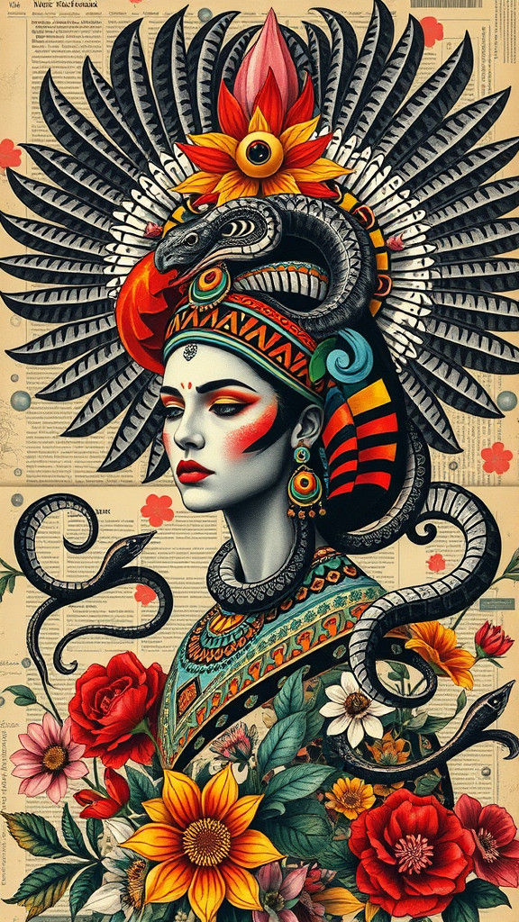 Aztec Goddess with Serpents in Dada Collage Style