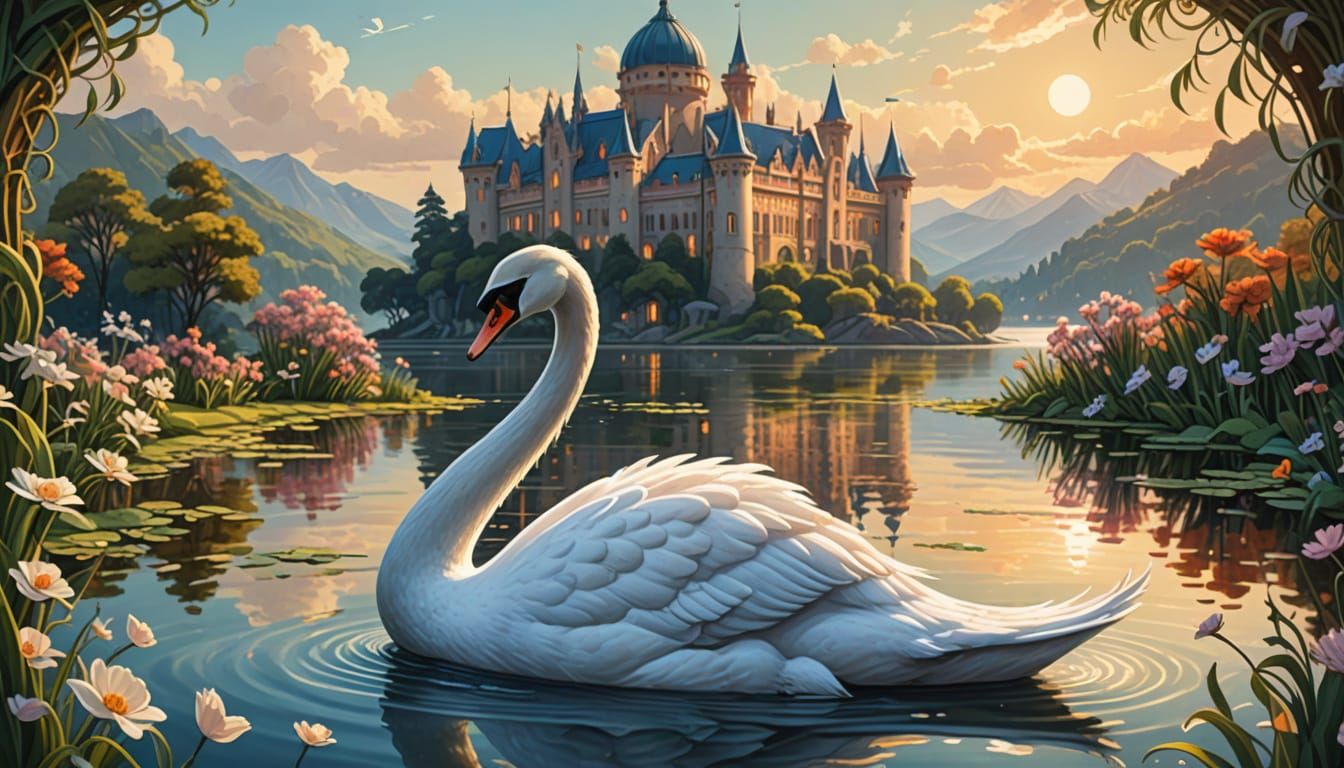 Swan in Teacup World with Art Nouveau Castle