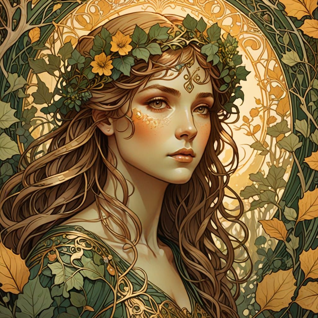 Dryad in Forest: An Art Nouveau Illustration