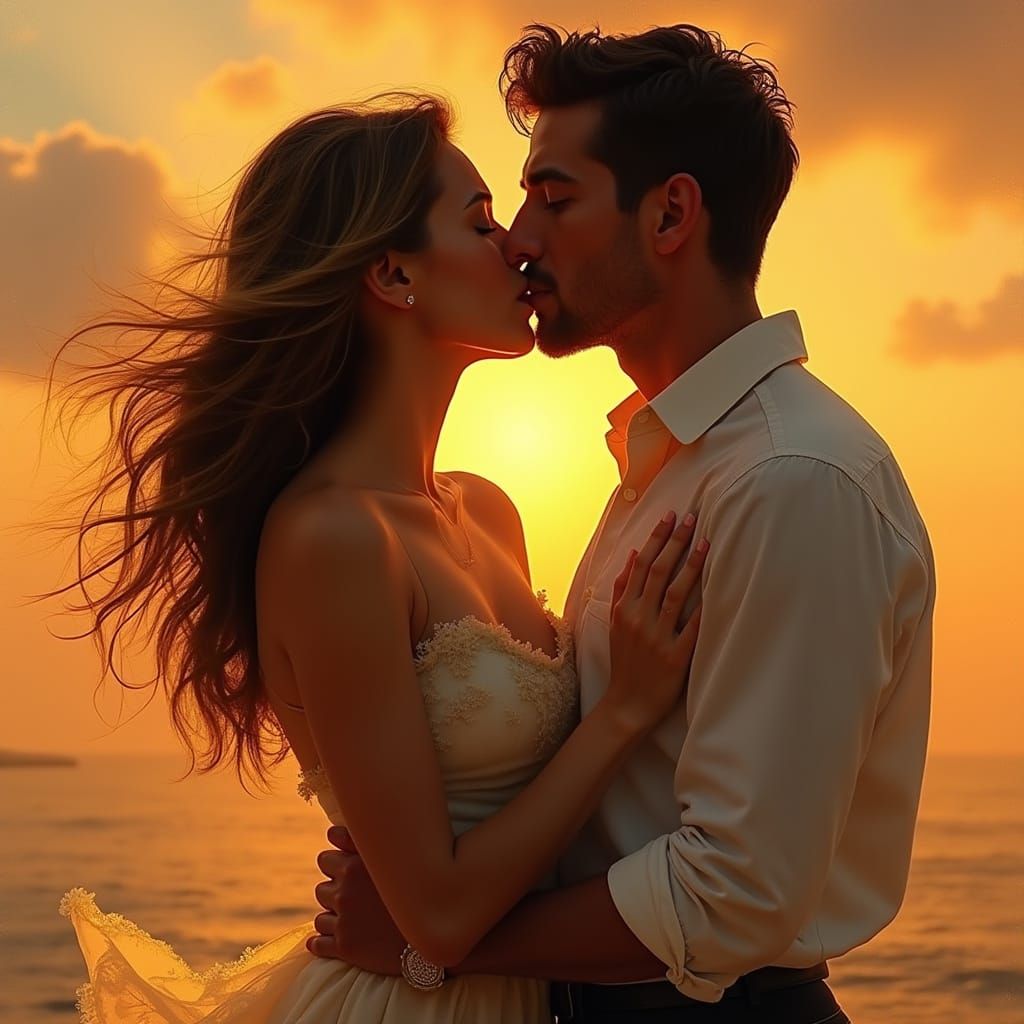 Romantic Couple in Golden Sunset Embrace