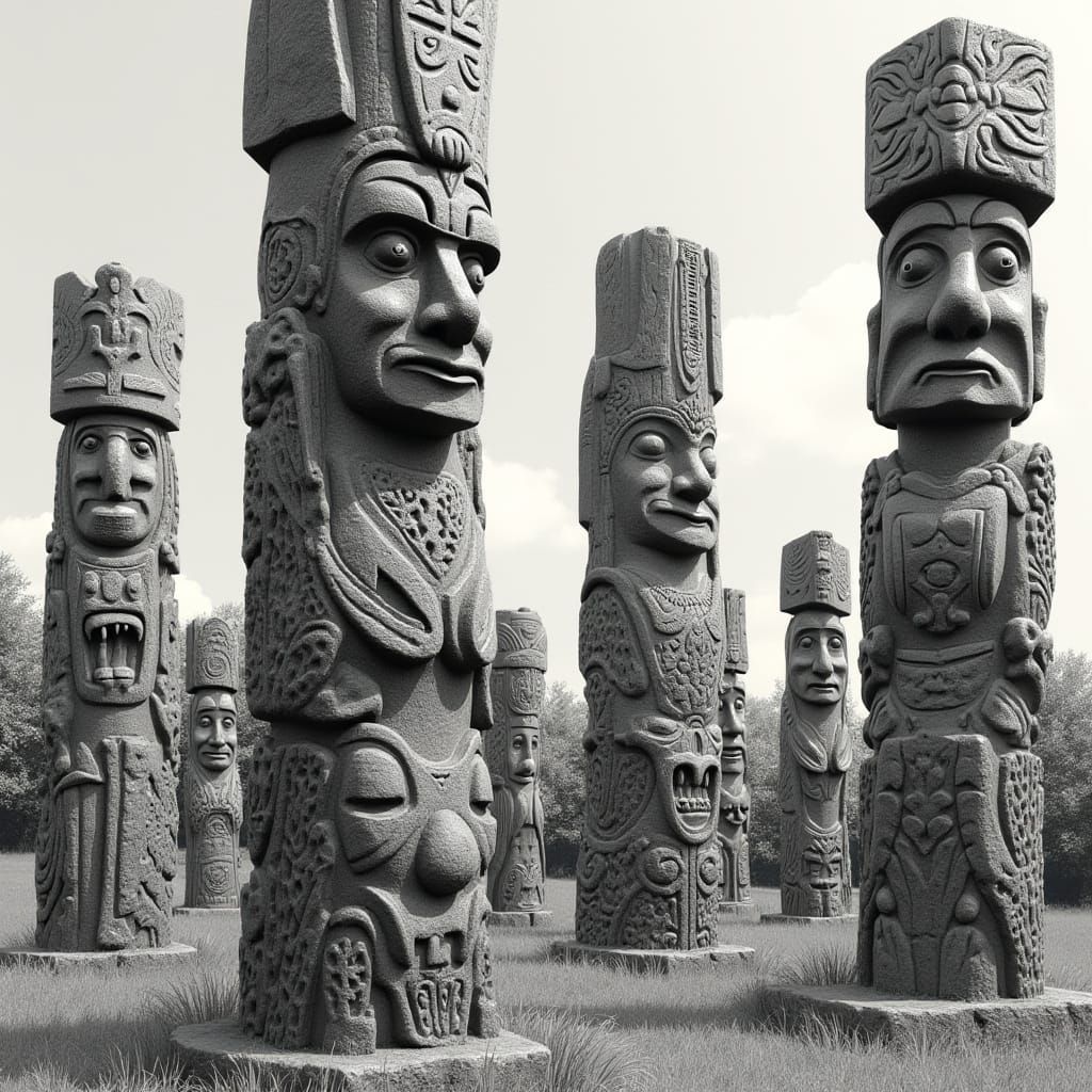 Native American Totem Poles in Stonehenge Formation