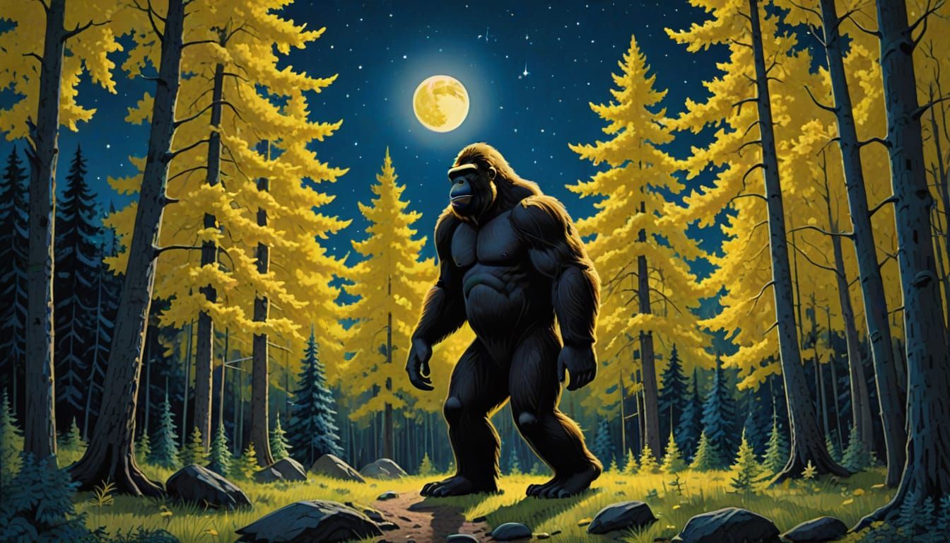 Bigfoot in Woods Under Yellow Moon
