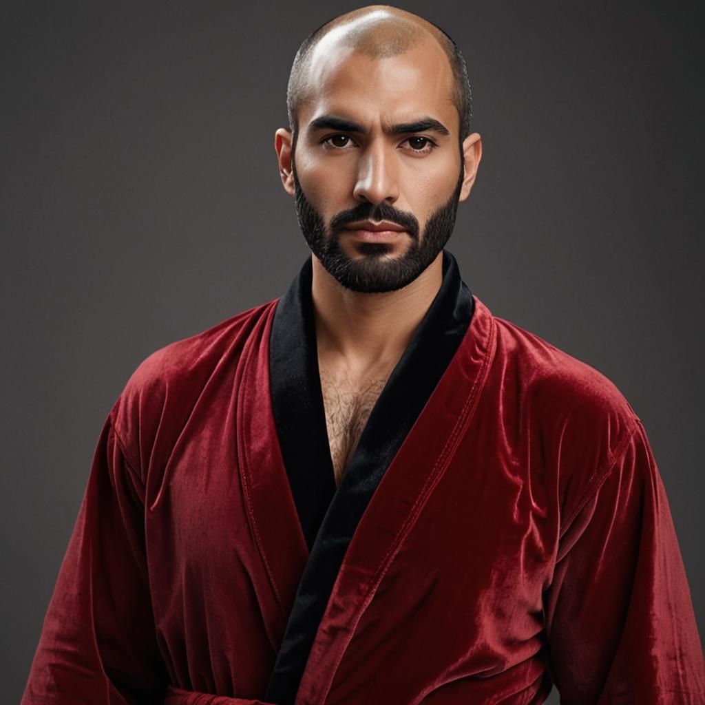 Pensive Man with Beard in Red Velvet Bathrobe