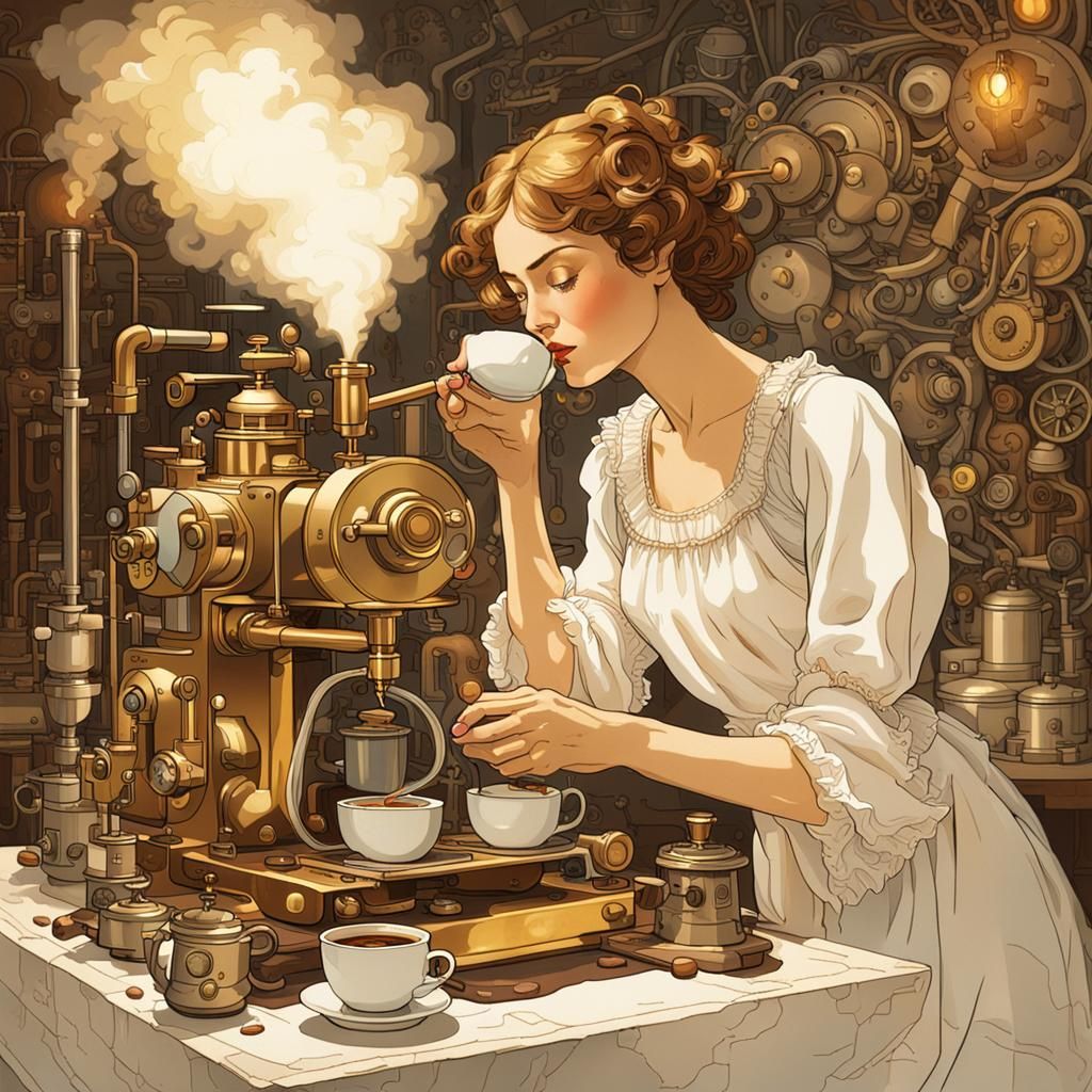 Woman with Elaborate Coffee Machine in Art Nouveau Style