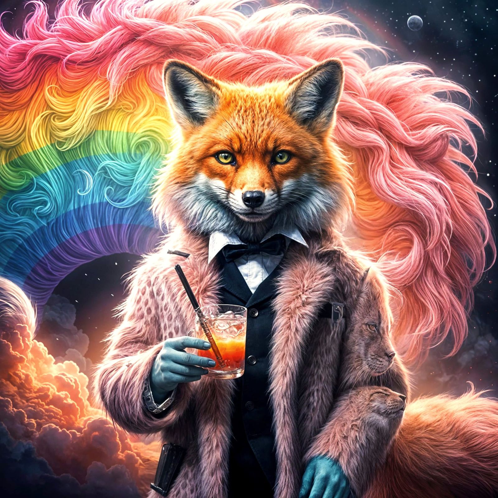 Nine-Tailed Fox Drinks from Rainbow in Cartoon Style