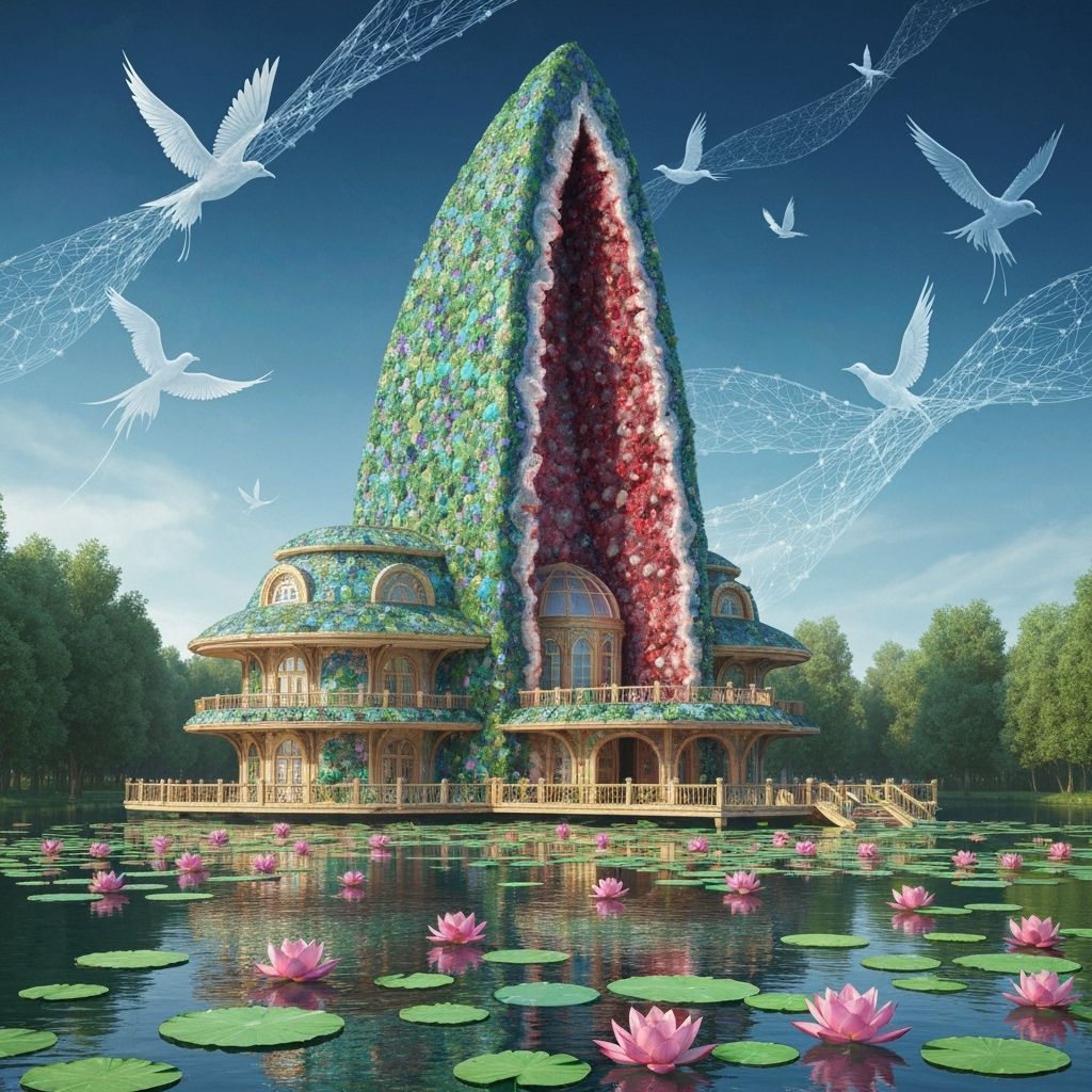 Gemstone Geode House Overlooking Water with Birds in Flight
