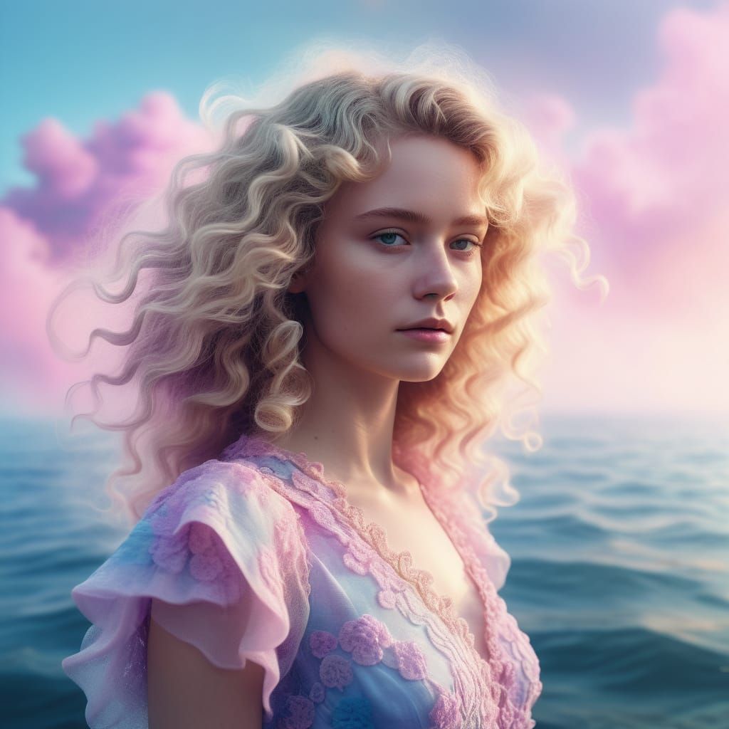 Blonde Movie Star in Fractal Pastel Dress by Sea