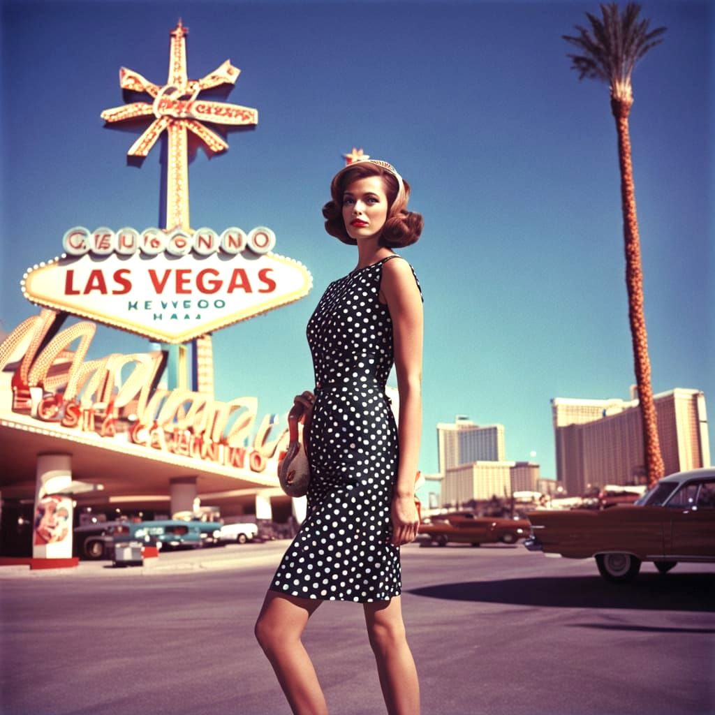 Beautiful 1960s model in a polka dots dress against a Las Ve...