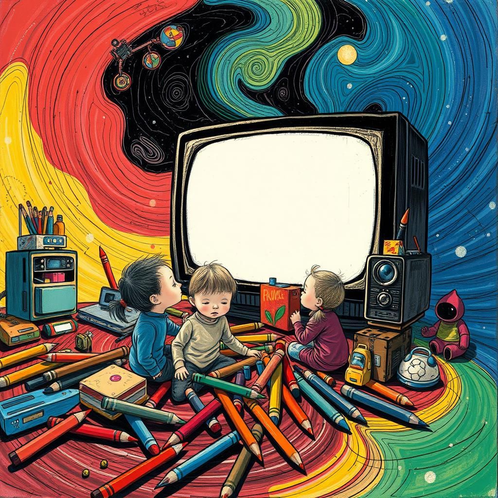 Children in Swirling Patterns, Naive Art Style