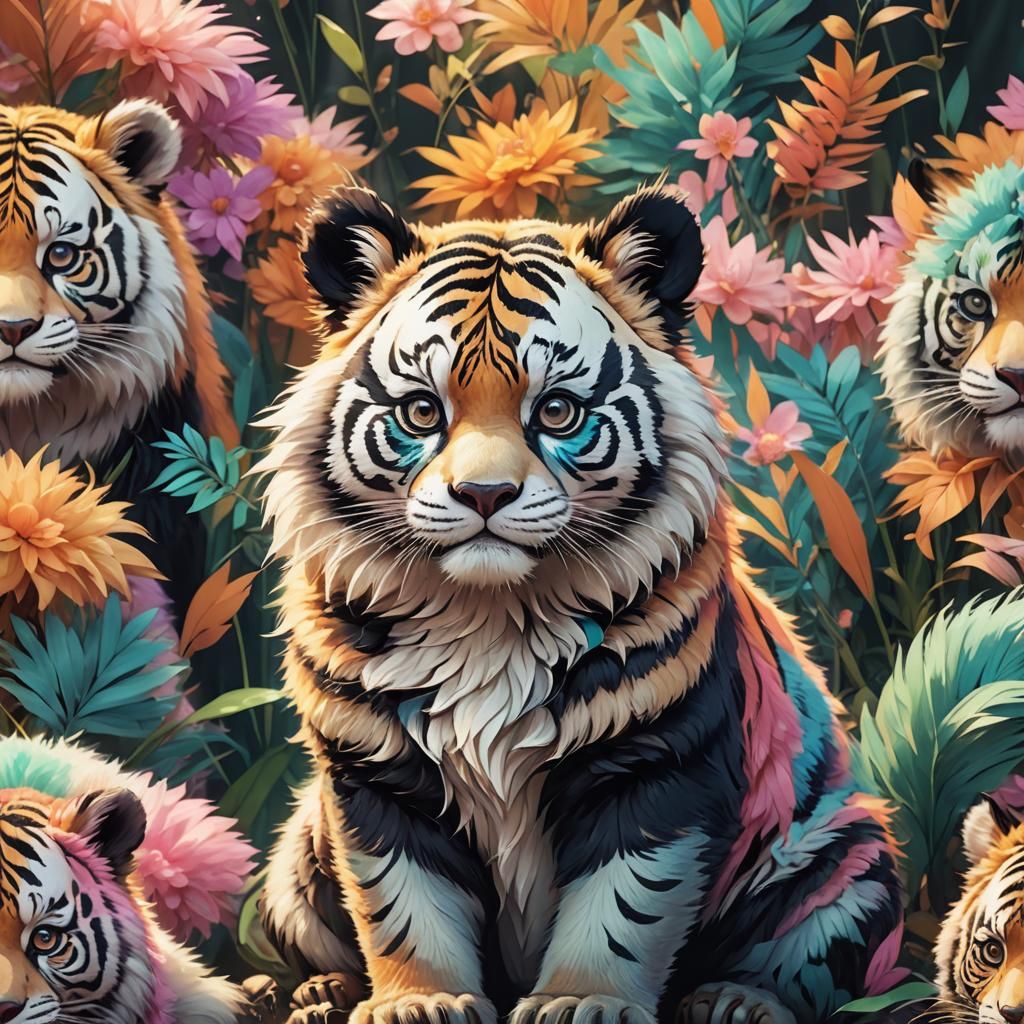 Anime Panda-Cat-Tiger Hybrid with Vibrant Colors