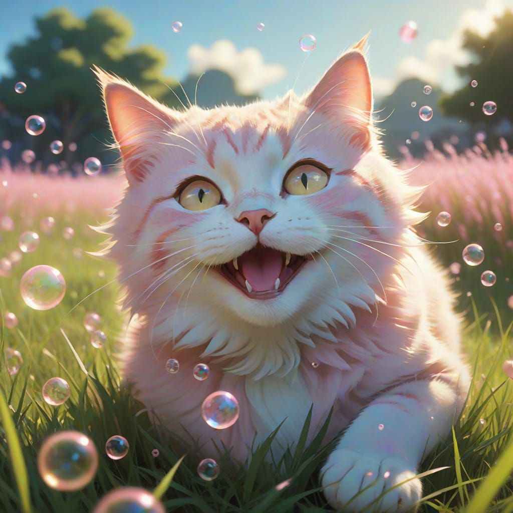 Whimsical Pink Cat Plays in Vibrant Grass with Heart-Shaped ...