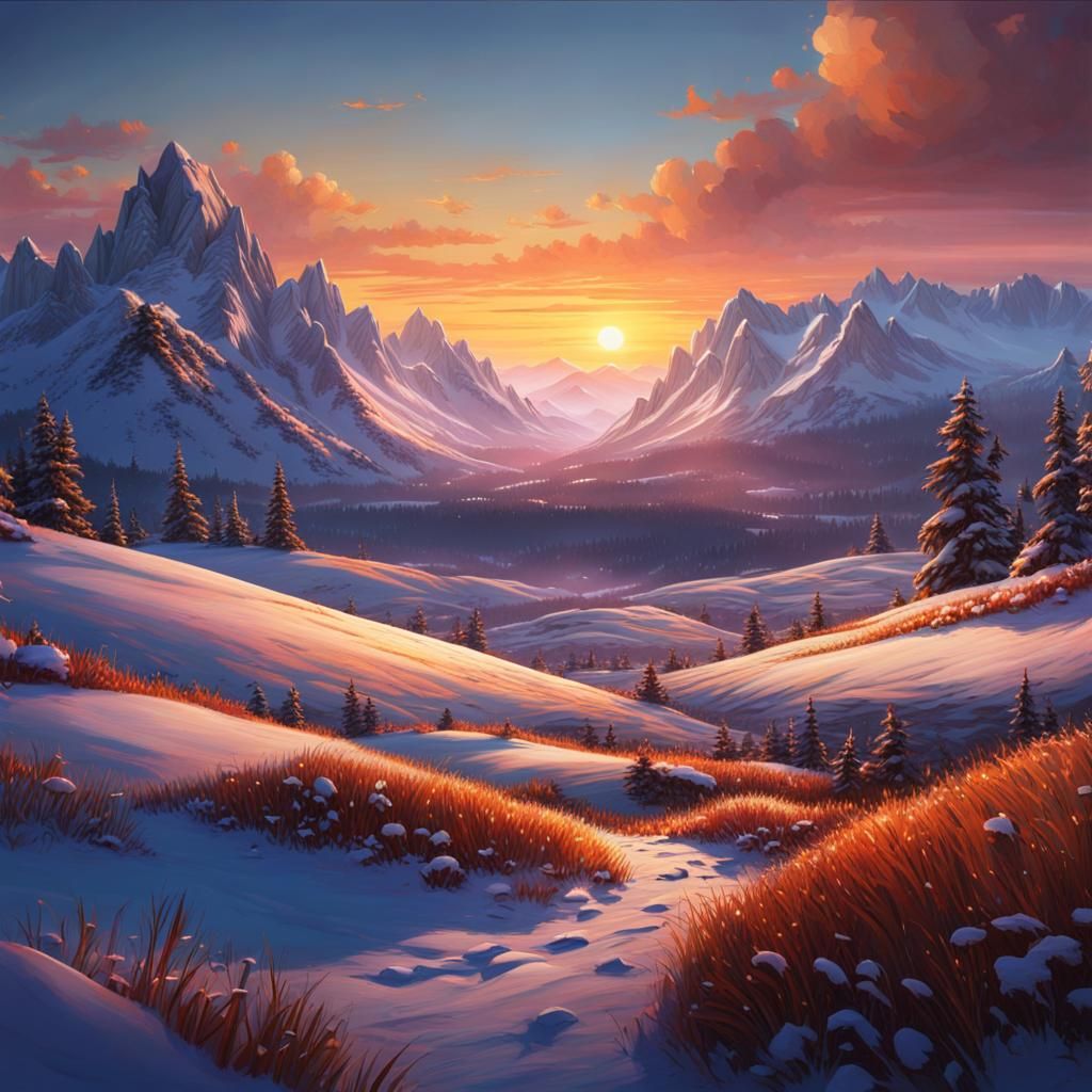 Snowy Pasture Sunset: Detailed Matte Painting