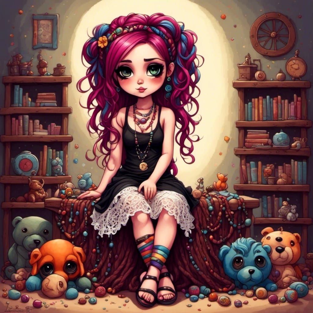 Chibi Hippie Girl with Dreads and Lace Skirt