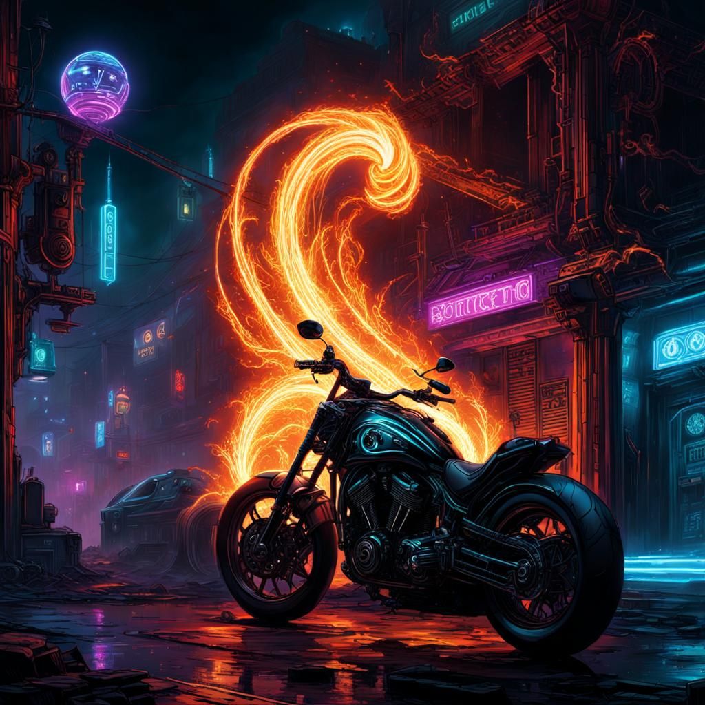 Aetherpunk Motorcycle of Fire in Cyberpunk Style