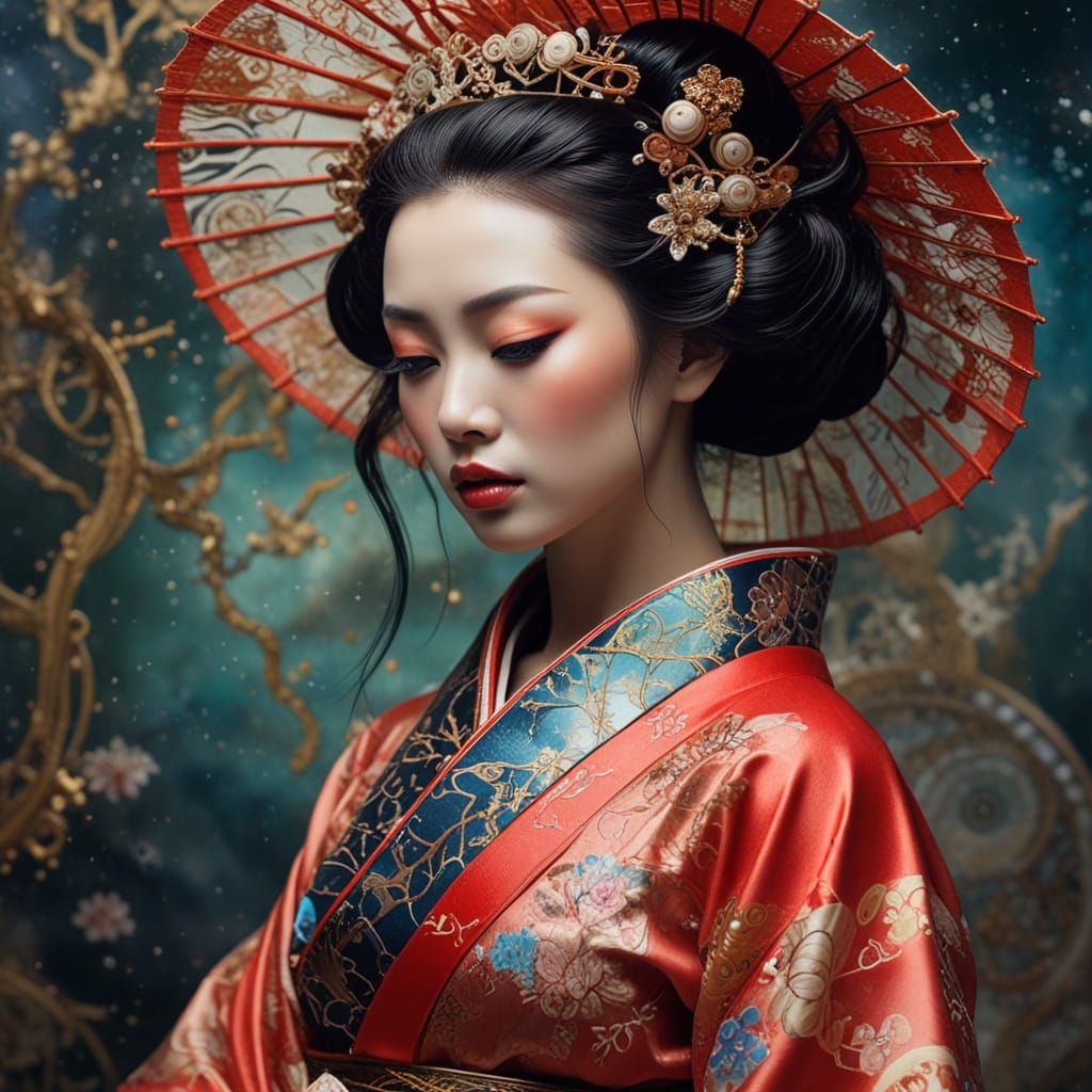 Ethereal Geisha Android in Cosmic Dreamscape