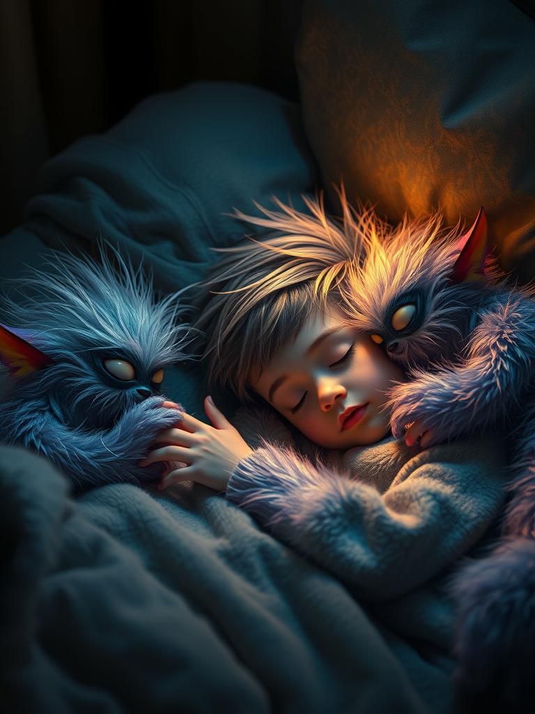 Cute Fluffy Monsters Surround Sleeping Boy: Hyperrealistic A...