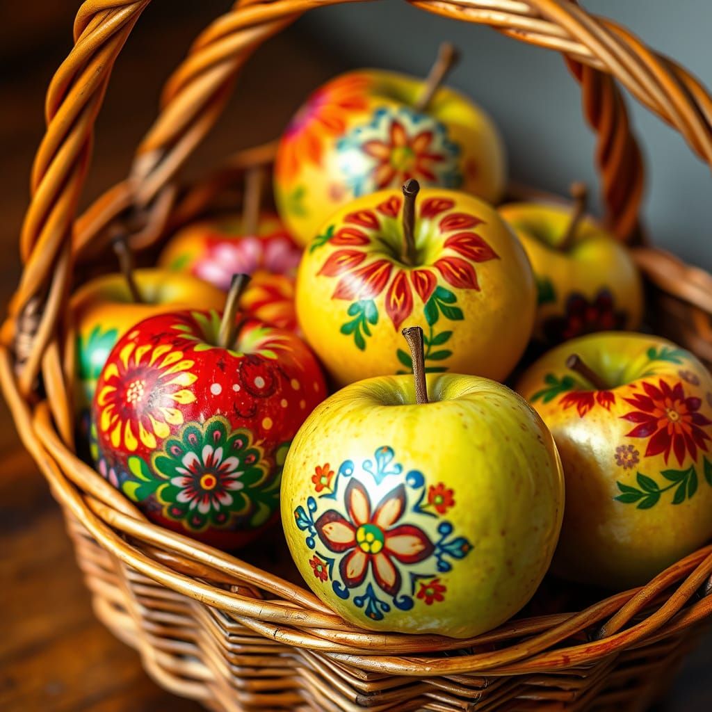 Wicker Basket Filled with Intricately Patterned Apples in Vi...
