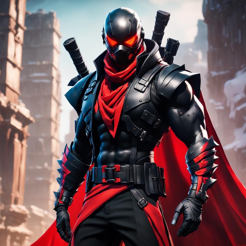 Armored Male Hero with Red Scarf, Fortnite Style