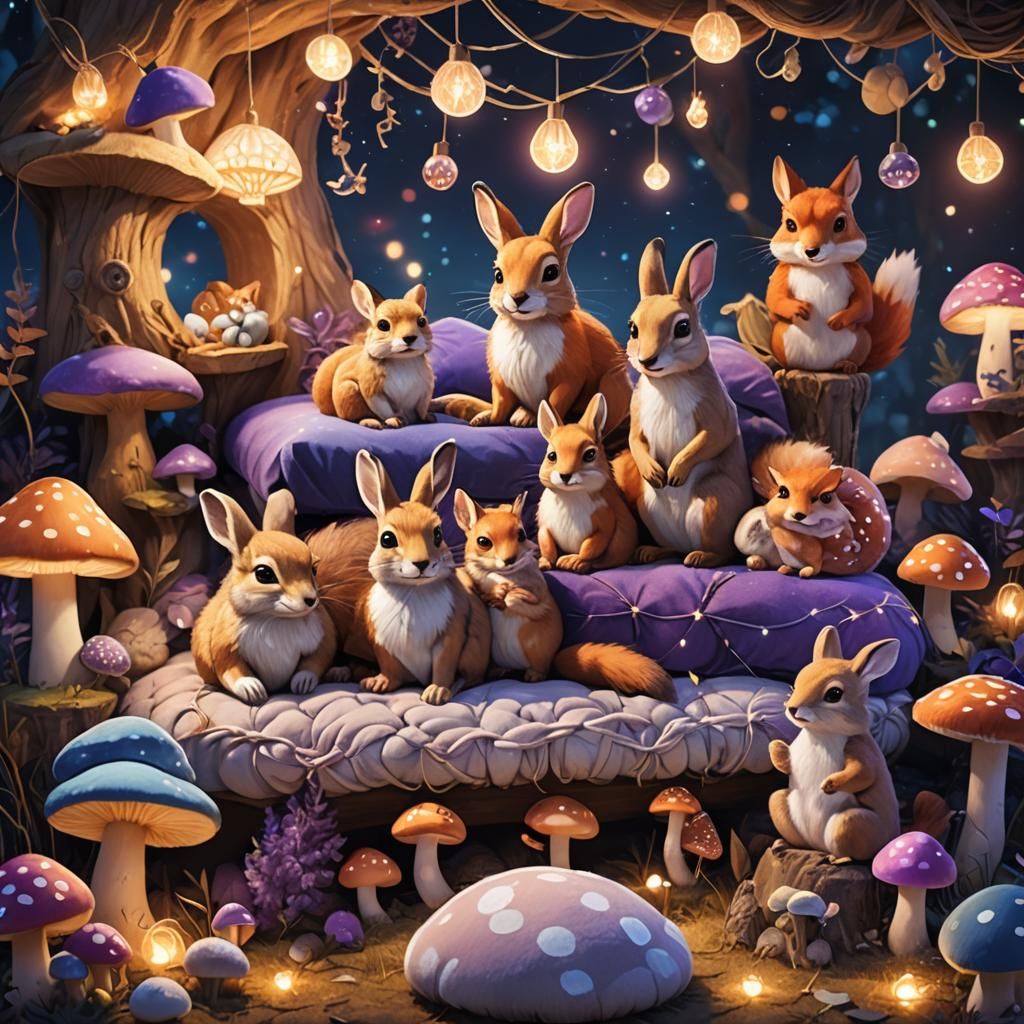 Cozy Fantasy: Animals Lounging in Mushroom-Lit Bedroom